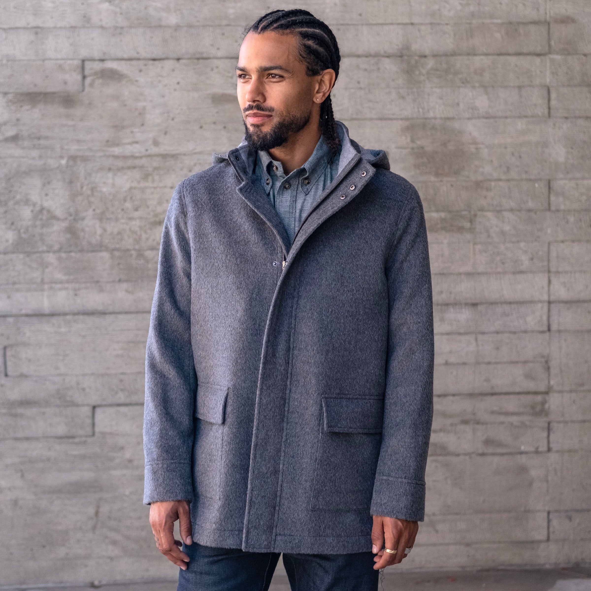 Sample: Grey Heavyweight Alpaca Parka with Removable Hood Sz M