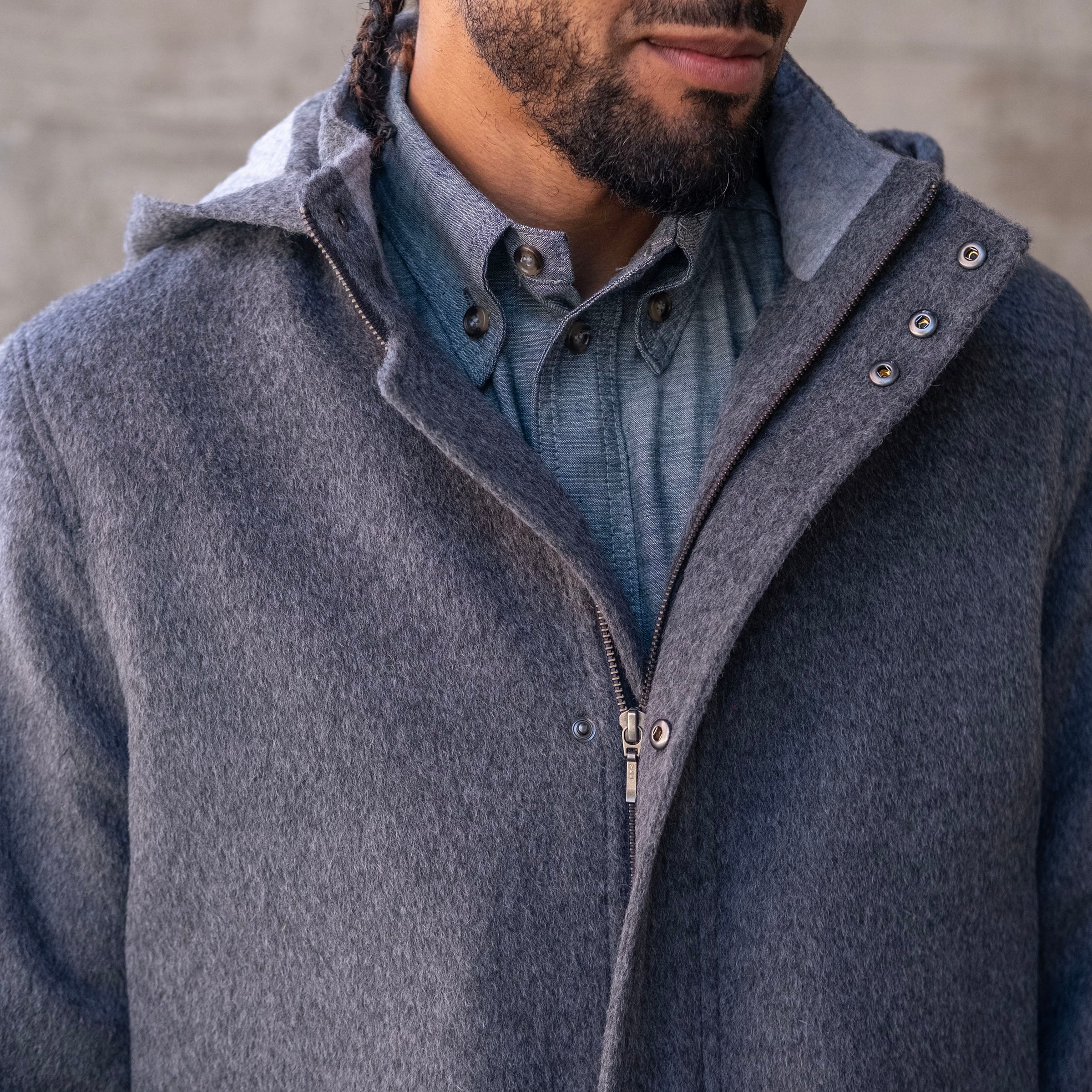 Sample: Grey Heavyweight Alpaca Parka with Removable Hood Sz M